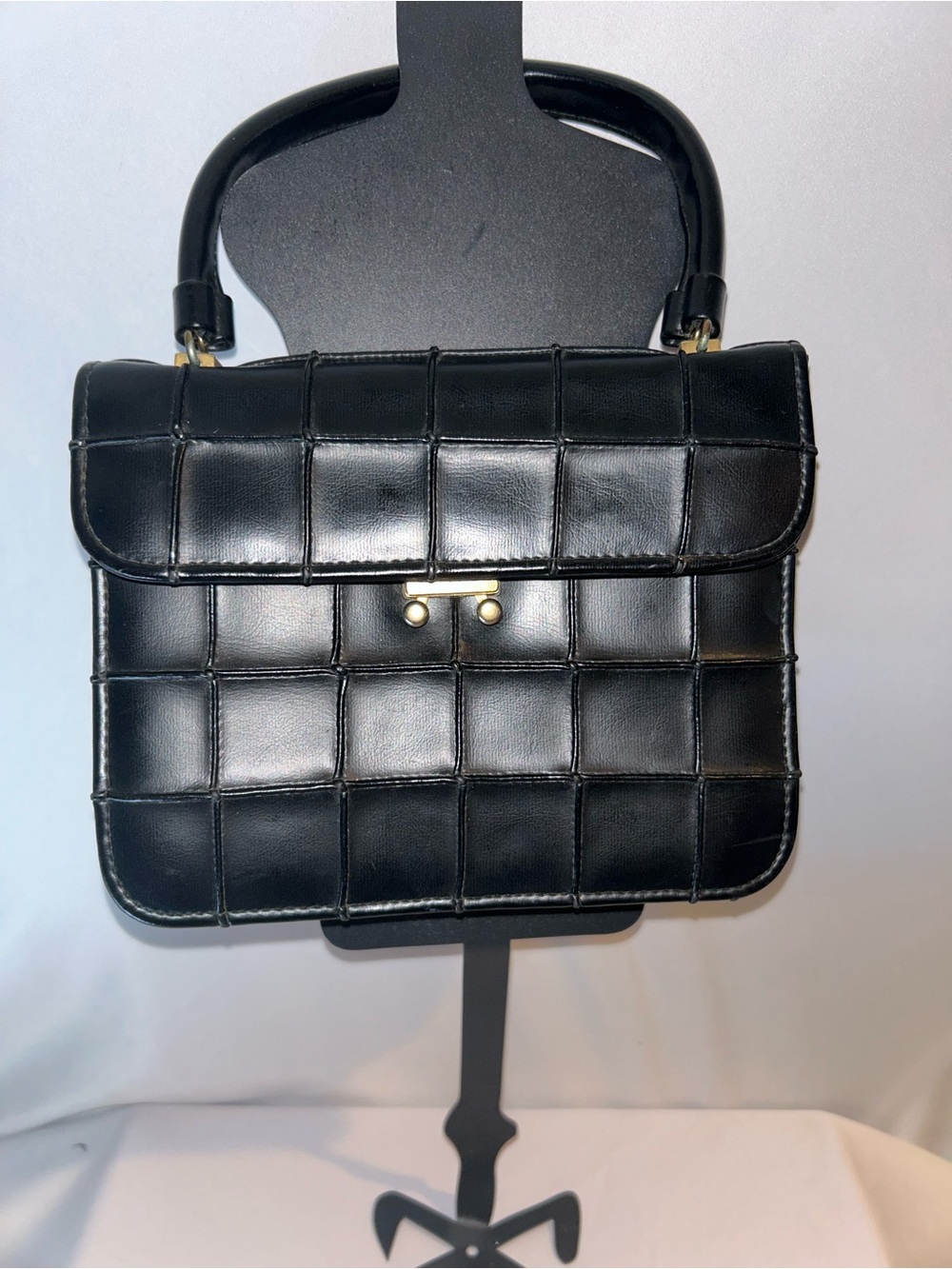 Vintage 1950s/60s Verdi Black Grid Structured Top Handle Handbag Purse